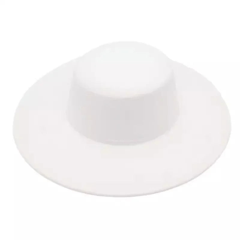 White wide-brimmed hat with flat crown against a white background