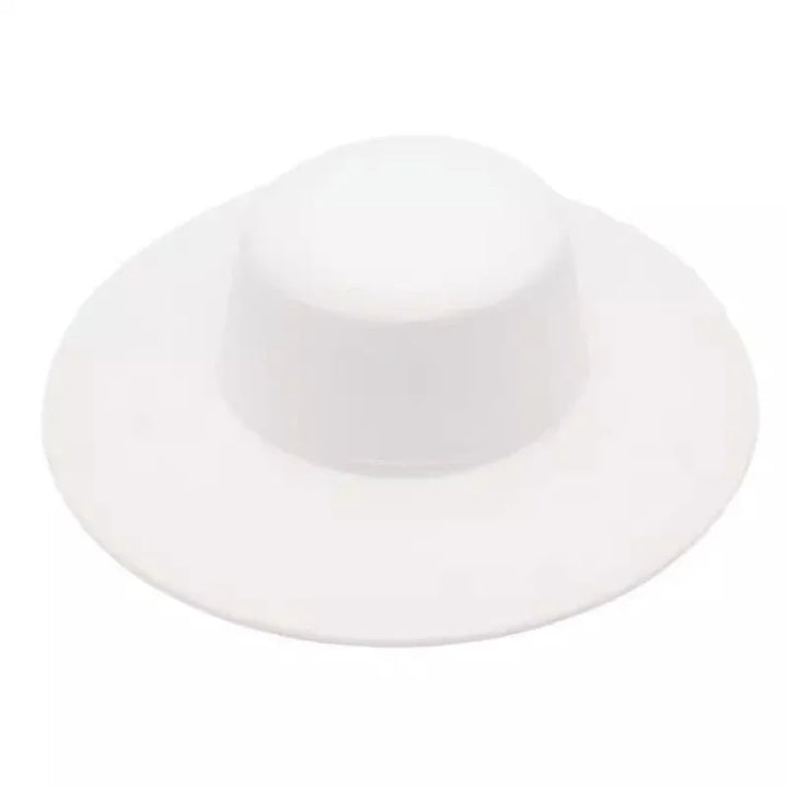 White wide-brimmed hat with flat crown against a white background