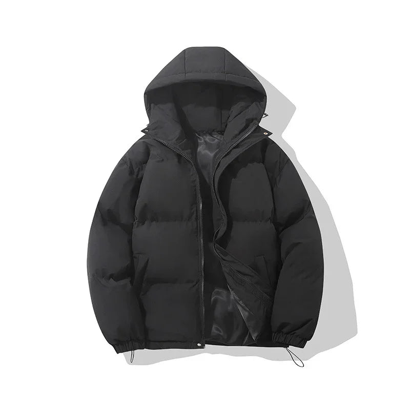 Black hooded puffer jacket with front zipper and elastic cuffs on white background