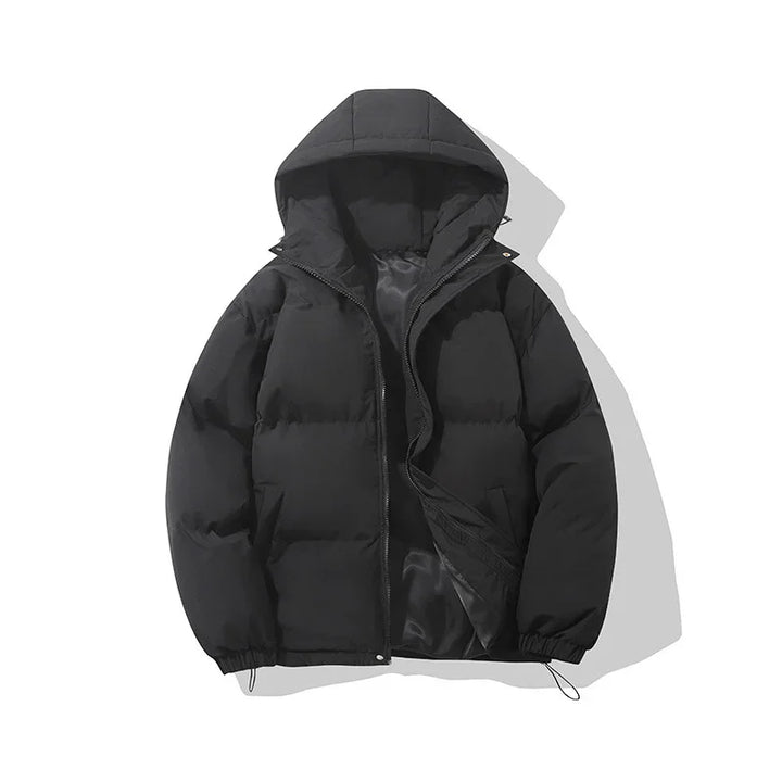 Black hooded puffer jacket with front zipper and elastic cuffs on white background