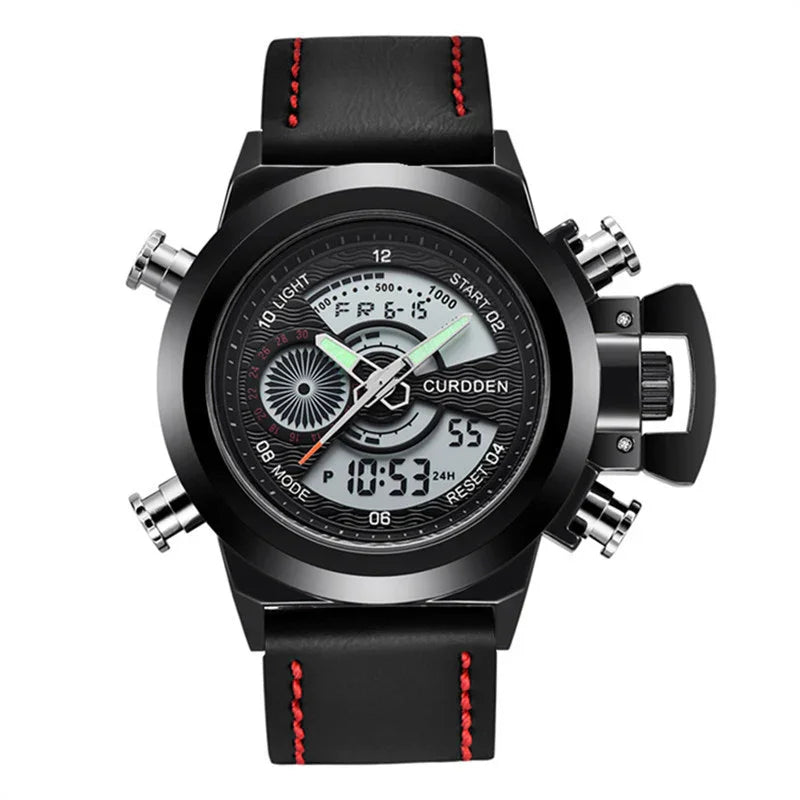 Curdden men's black sports wristwatch with analog-digital display, black leather strap, and red stitching