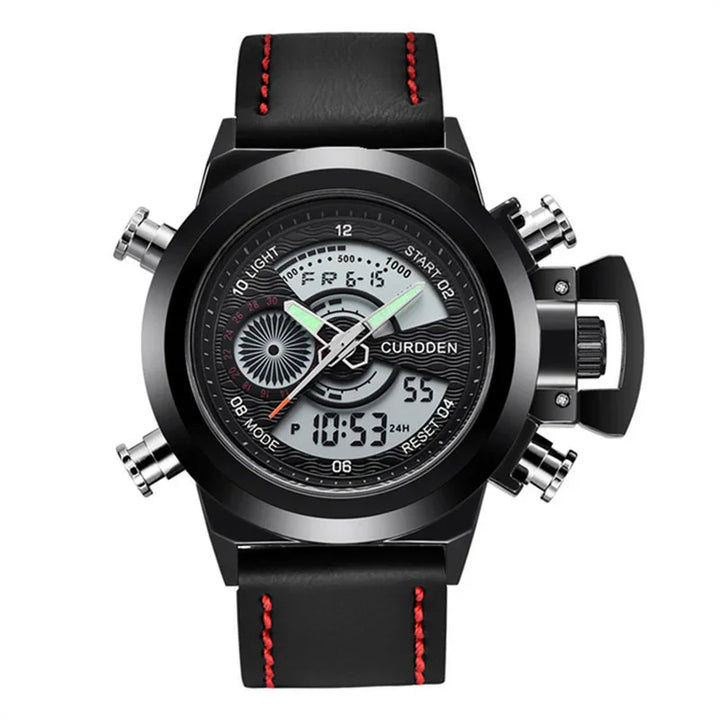 Curdden men's black sports wristwatch with analog-digital display, black leather strap, and red stitching