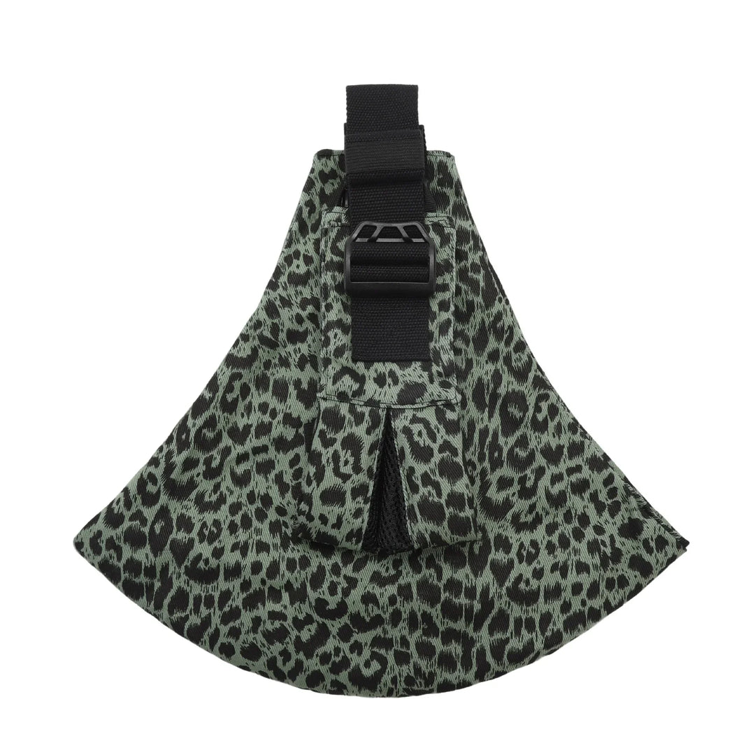 Green and black leopard print fabric pouch with black strap and buckle closure