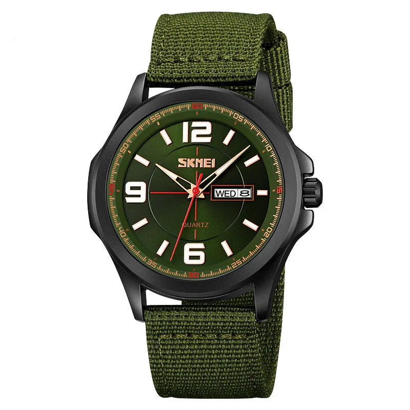 SKMEI men's quartz wristwatch with green dial, black case, date display, and green fabric strap