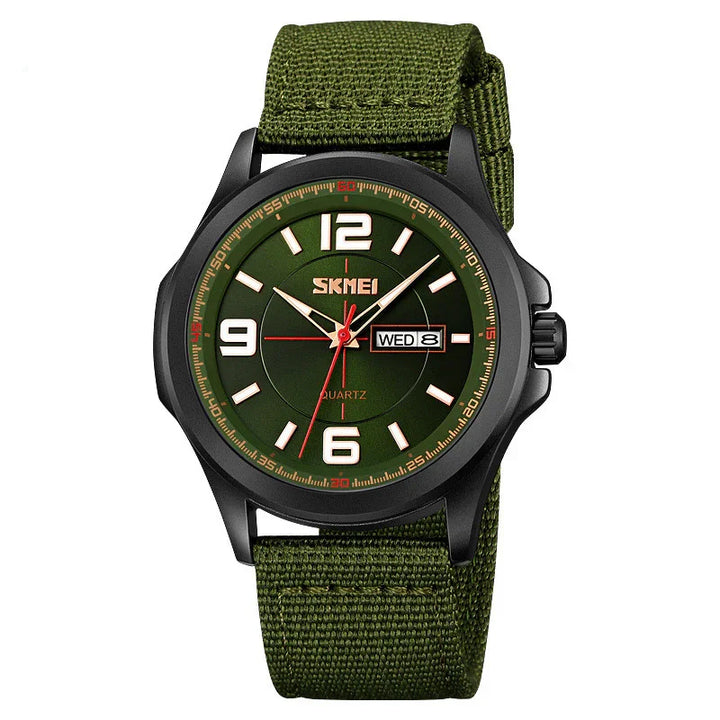 SKMEI men's quartz wristwatch with green dial, black case, date display, and green fabric strap