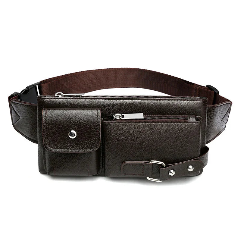Dark brown leather waist bag with multiple zippered and snap button pockets and adjustable strap