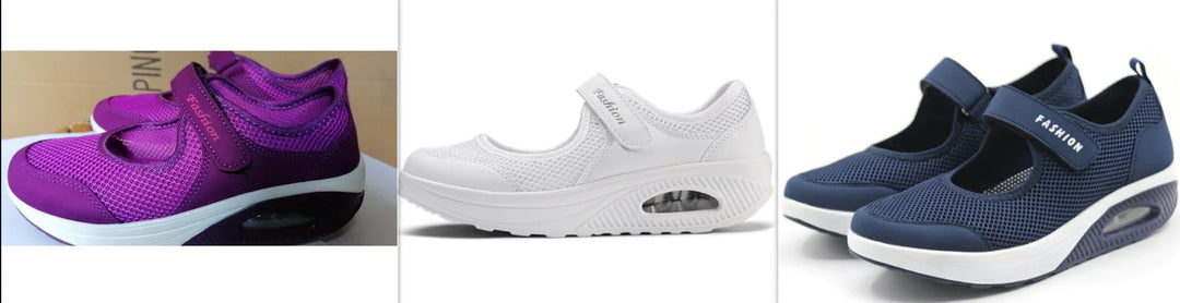 Trio of lightweight women's mesh athletic sneakers with adjustable straps in purple, white, and navy blue