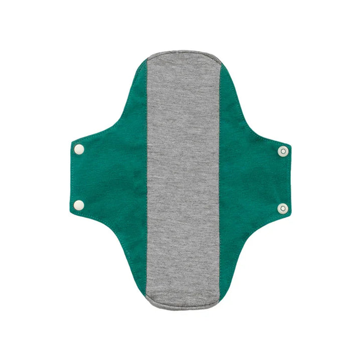 Reusable cloth menstrual pad with green wings and gray center, snap buttons on wings for securing