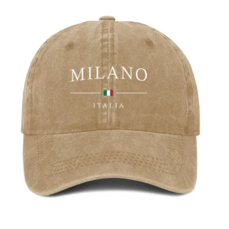 Beige baseball cap with MILANO and ITALIA text, Italian flag embroidery, casual fashion hat
