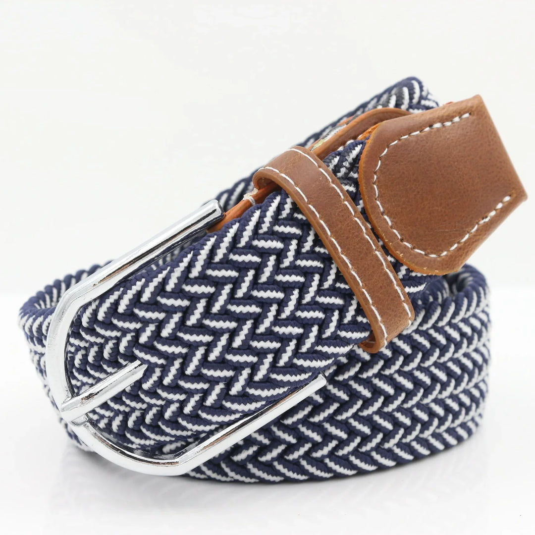 Navy blue and white woven fabric belt with brown leather trim and silver buckle