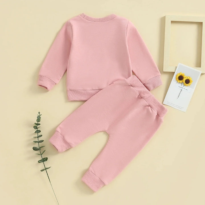 Soft pink long sleeve baby sweatshirt and matching pants on beige background with decorative flowers