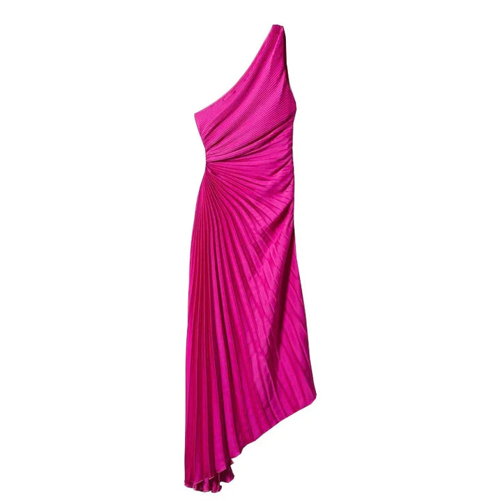 One-shoulder fuchsia pink pleated evening gown with asymmetrical hem