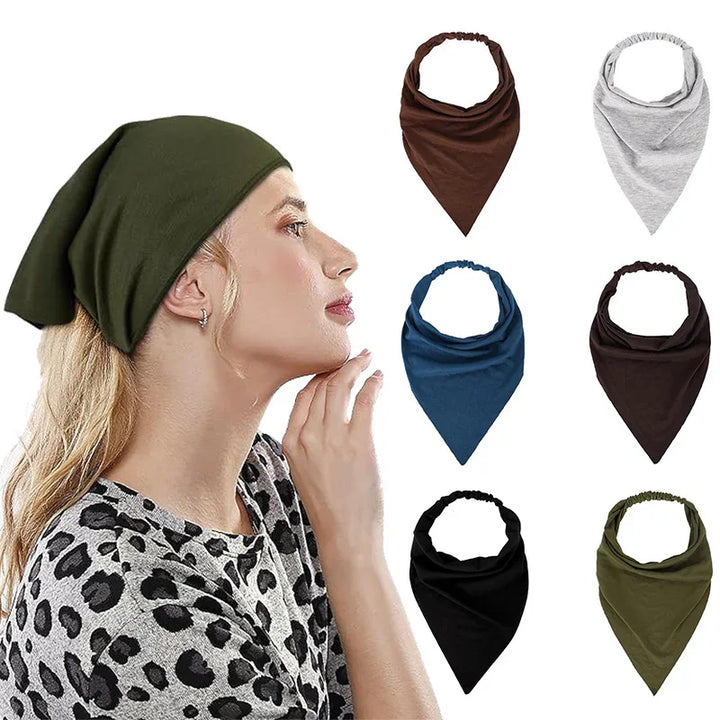 Woman wearing olive green headscarf with leopard print top and six elastic bandana scarves in different colors