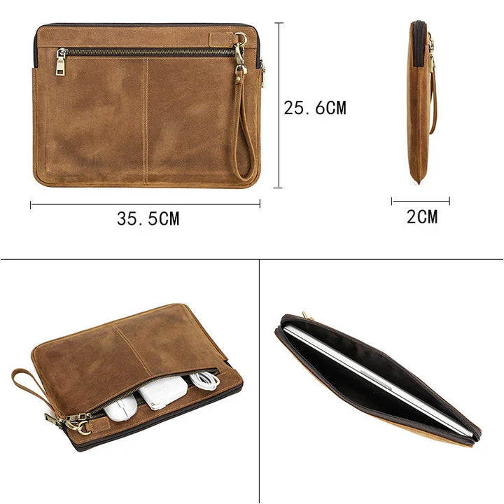 Brown leather laptop sleeve bag with wrist strap, zipper pockets, 35.5x25.6x2cm dimensions
