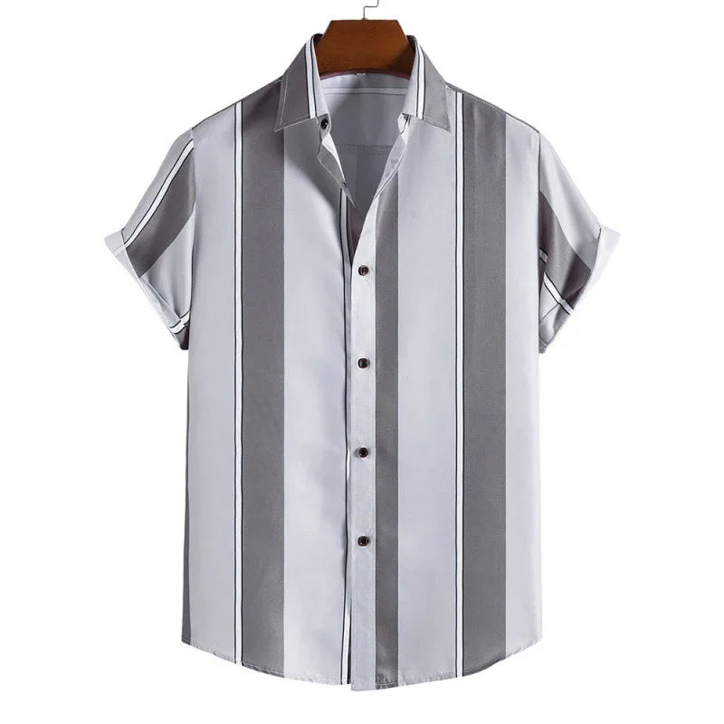 Men's short sleeve button-up shirt with vertical gray and white stripes on wooden hanger