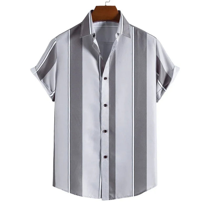 Men's short sleeve button-up shirt with vertical gray and white stripes on wooden hanger