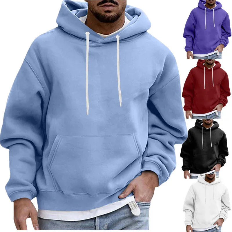 Men's casual hooded sweatshirts in blue, purple, red, black, and white with front pocket and drawstrings