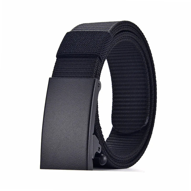 Black tactical nylon belt with matte black metal buckle rolled up on white background