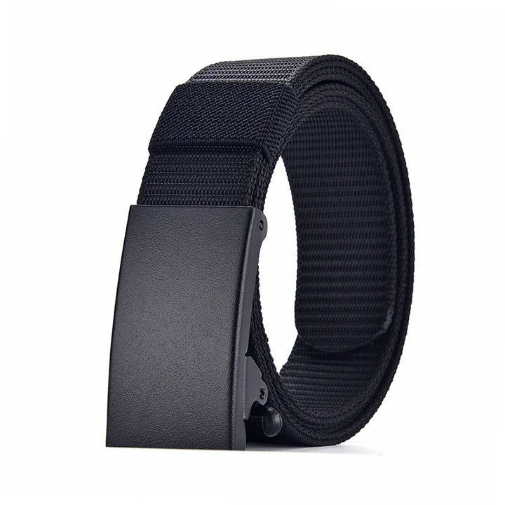 Black tactical nylon belt with matte black metal buckle rolled up on white background