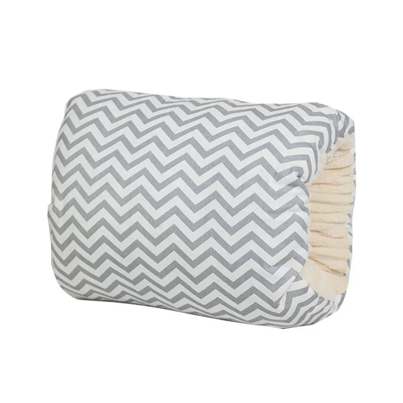 Gray and white chevron patterned pet bed tunnel with soft cream interior