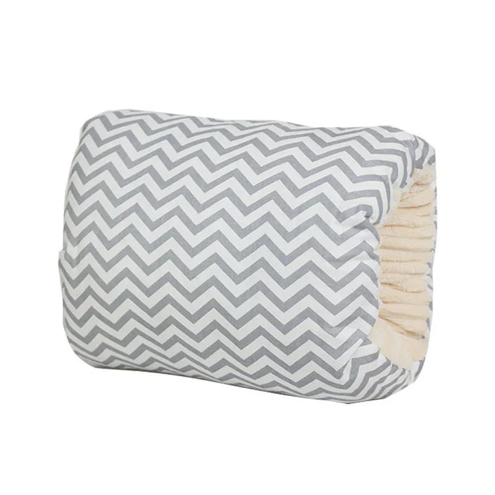 Gray and white chevron patterned pet bed tunnel with soft cream interior