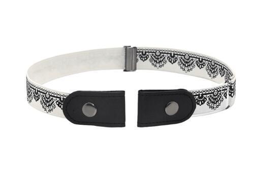 White elastic belt with black lace pattern and black snap button closures