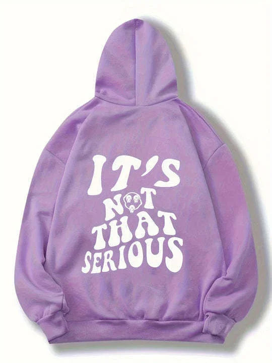 Purple hoodie with white text saying 'It's not that serious' and a small ghost graphic on back
