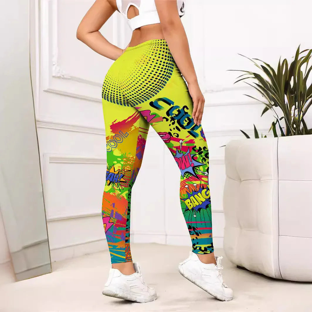 Woman wearing vibrant neon comic print leggings and white sneakers in minimal indoor setting