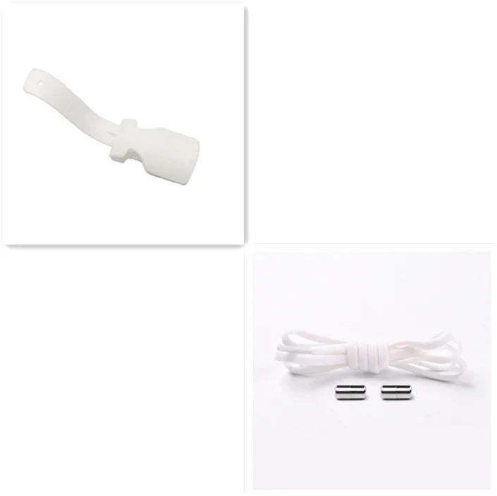 White silicone shoe cover accessory, white shoelace, and two metal lace tips on white background