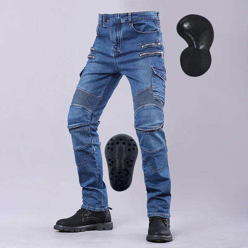 Blue denim motorcycle riding jeans with padded knee and hip protectors, paired with black boots