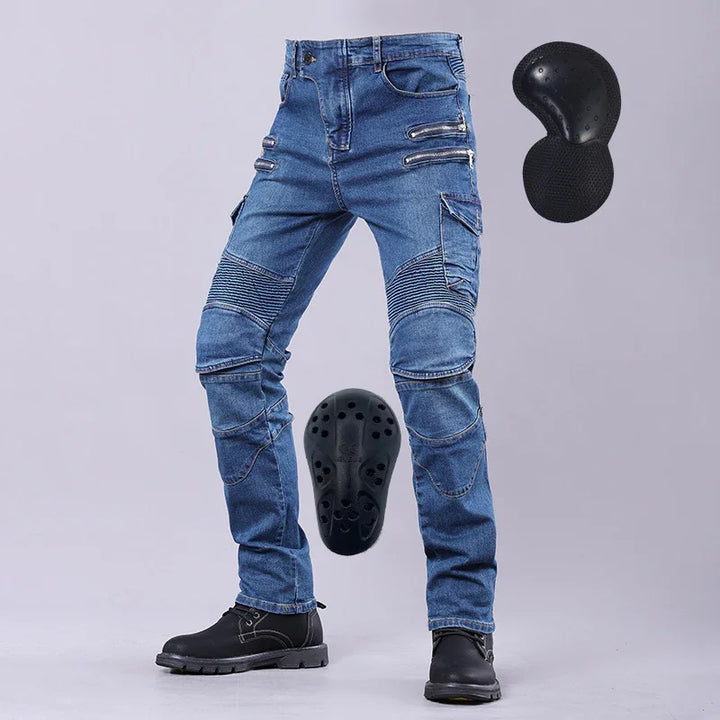 Blue denim motorcycle riding jeans with padded knee and hip protectors, paired with black boots