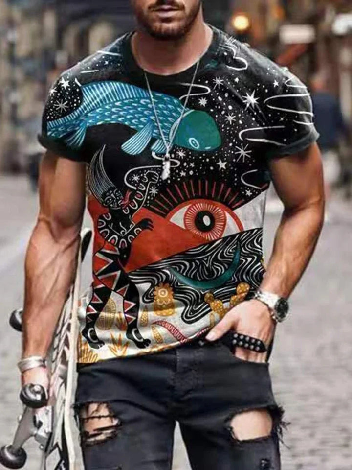 Muscular man wearing colorful abstract graphic t-shirt holding skateboard in urban street setting