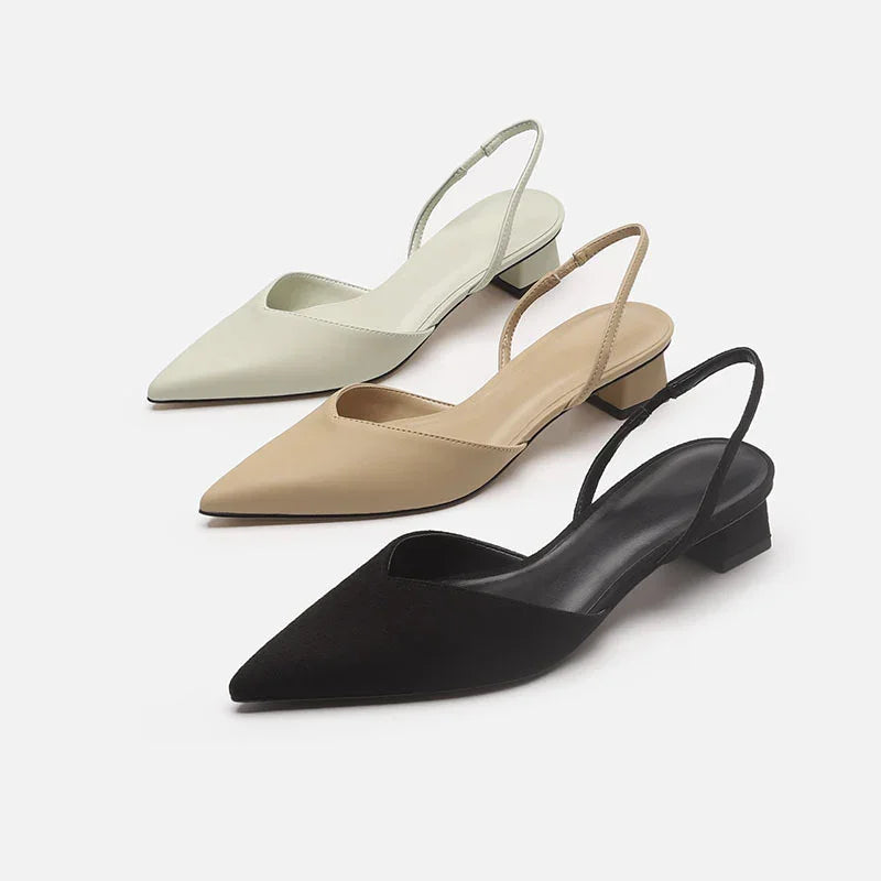 Three pairs of pointed-toe slingback low block heel shoes in black, beige, and off-white colors on white background