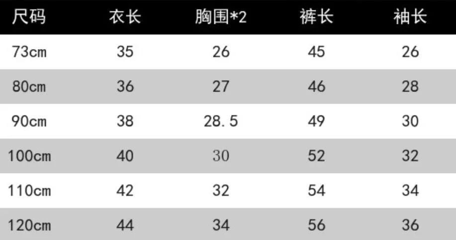 Children's size chart showing measurements for length, chest, pants, and sleeve in centimeters from 73cm to 120cm