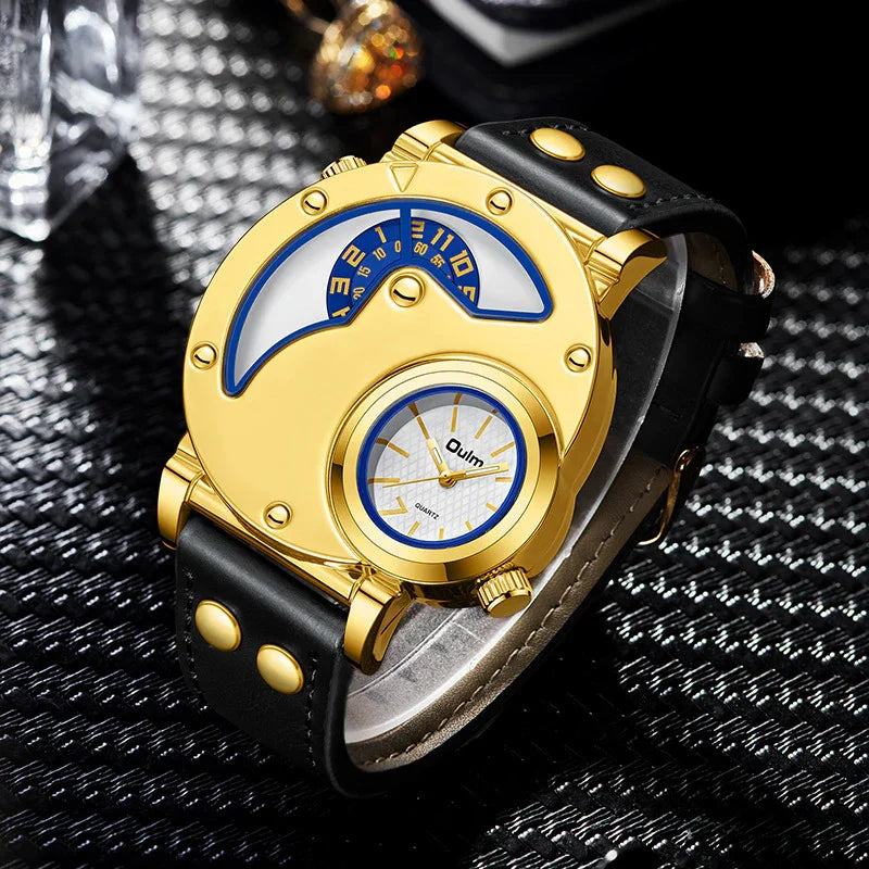 Gold-tone Quim quartz watch with unique dual dial design and black leather strap on textured surface