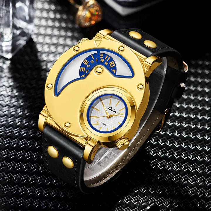 Gold-tone Quim quartz watch with unique dual dial design and black leather strap on textured surface