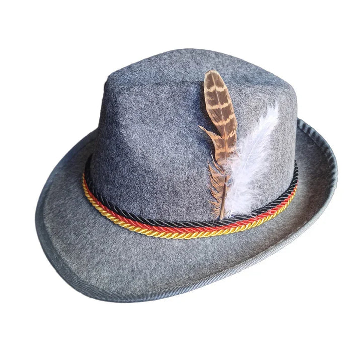 Gray felt traditional German hat with black, red, and gold braided band and two decorative feathers