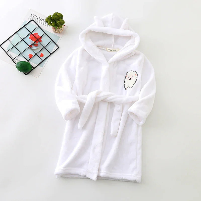 White plush baby bathrobe with hood and cute dog embroidery on chest, tied with fabric belt