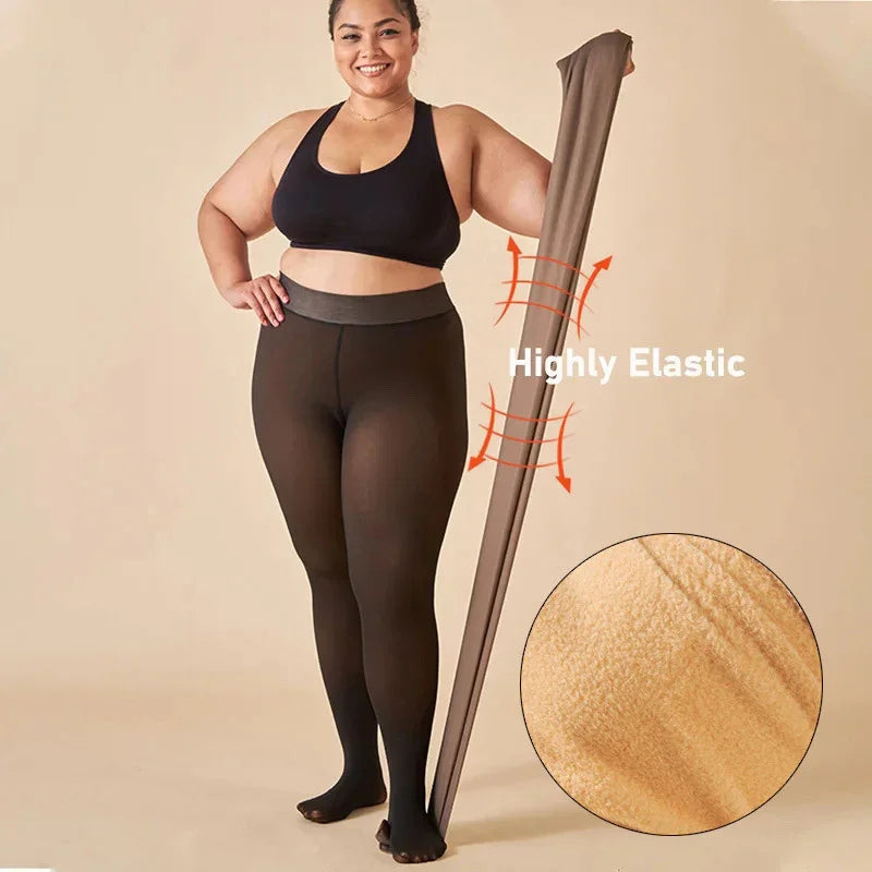Plus size woman in black sports bra and brown highly elastic leggings, holding stretched leggings with fabric close-up