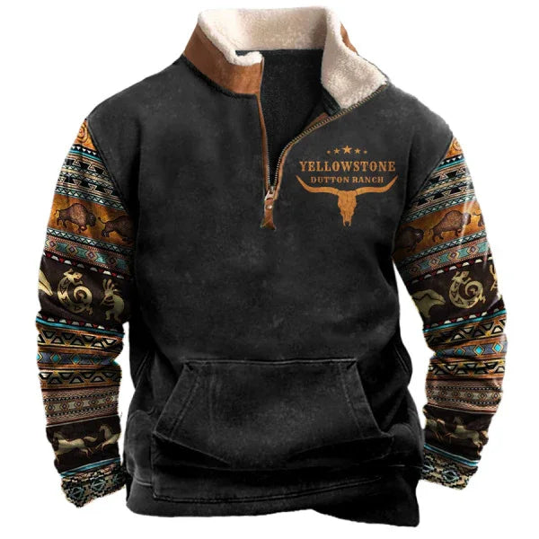 Black Yellowstone Dutton Ranch quarter-zip fleece with southwestern patterned sleeves and sherpa collar