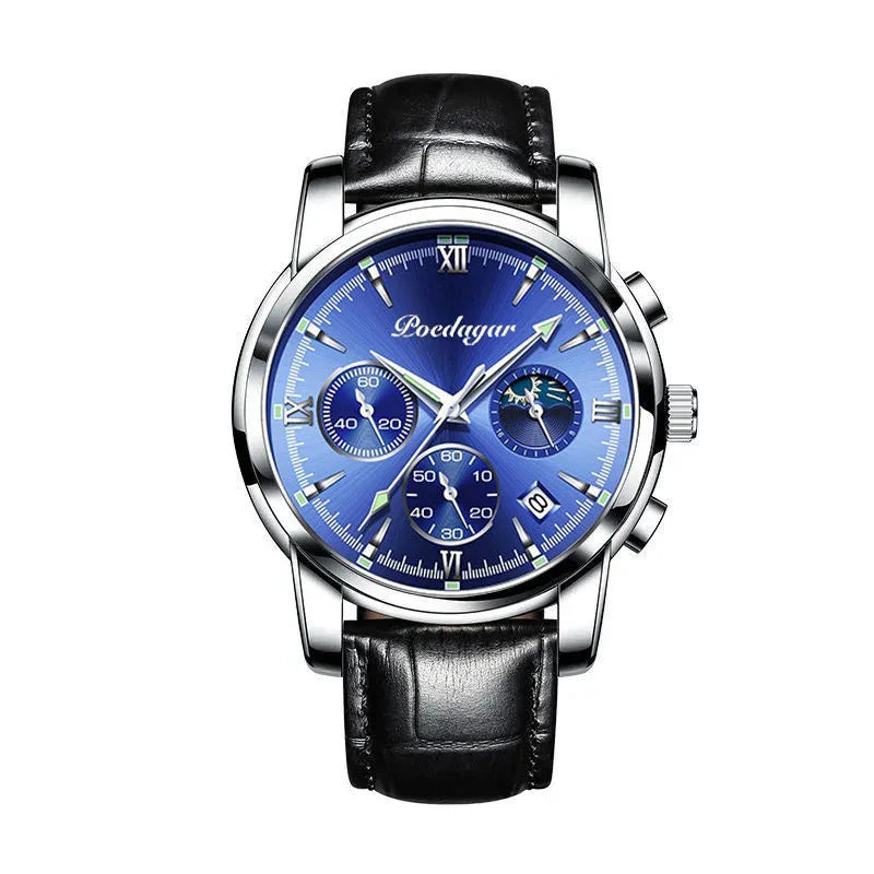 Poedagar men's chronograph watch with blue dial, silver case, black leather strap