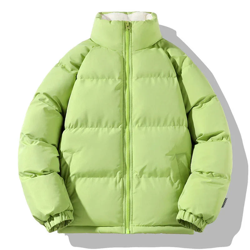 Light green puffer jacket with high collar and front zipper, padded winter coat