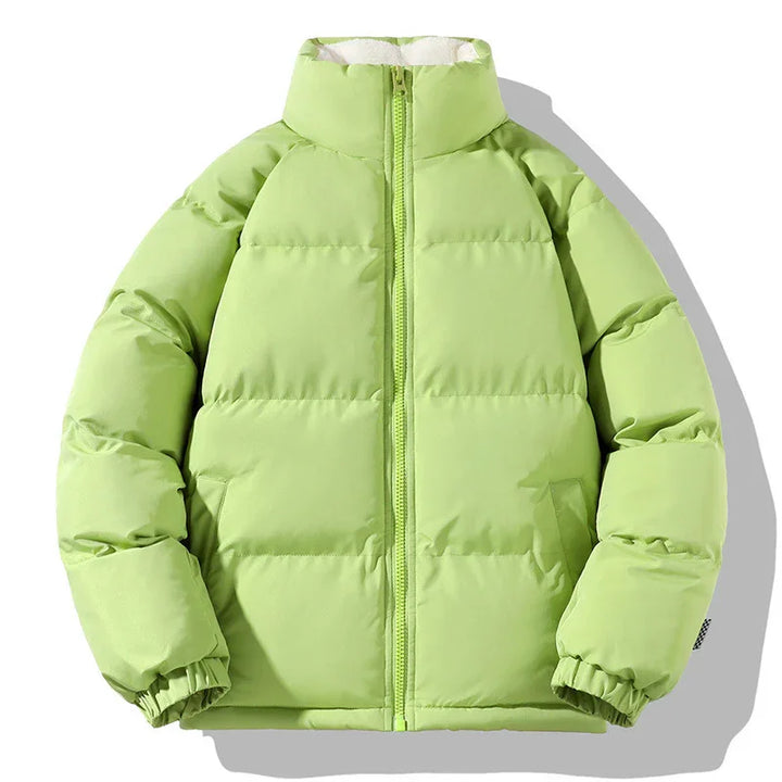Light green puffer jacket with high collar and front zipper, padded winter coat