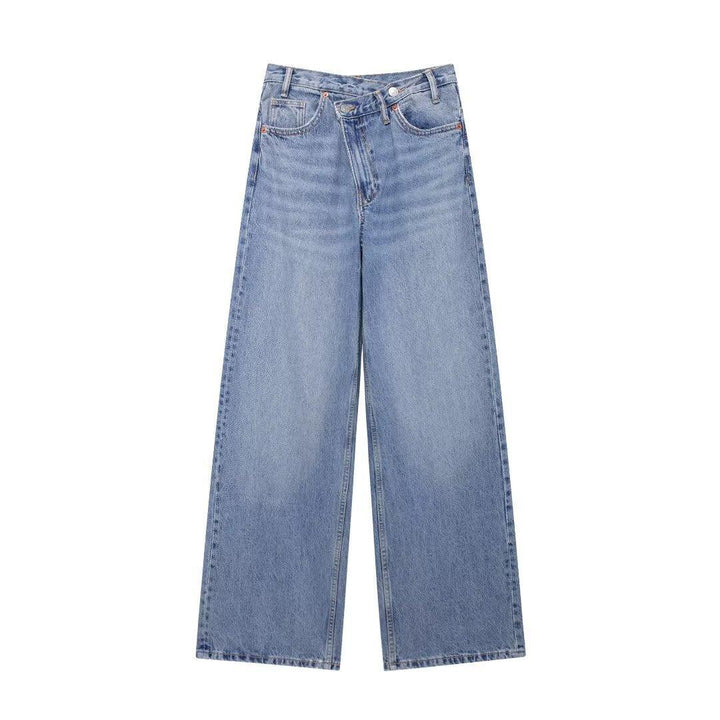 Light blue wide-leg denim jeans with high waist and classic five-pocket design