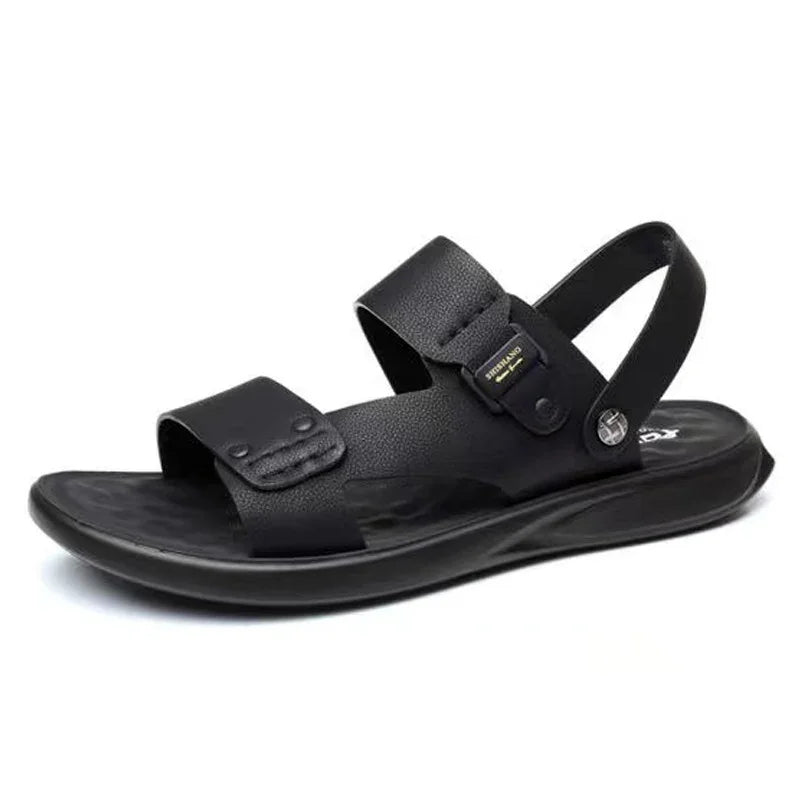 Black casual men's sandal with adjustable straps and cushioned sole on white background