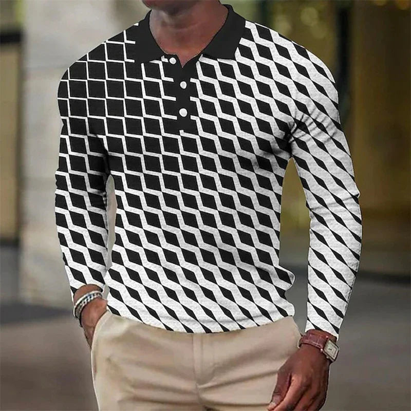 Man wearing black and white geometric patterned long sleeve polo shirt with beige pants