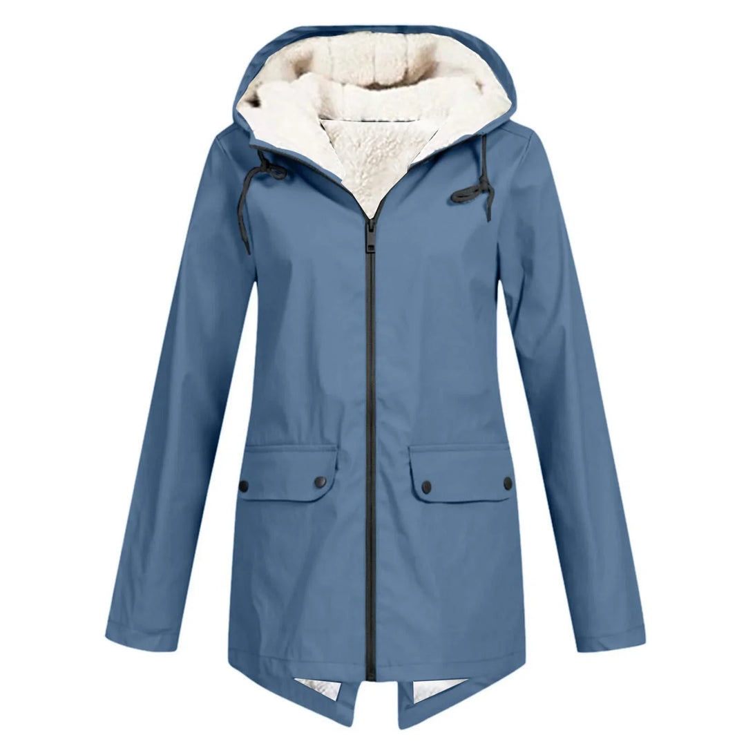 Blue women's hooded winter jacket with white fleece lining and front pockets