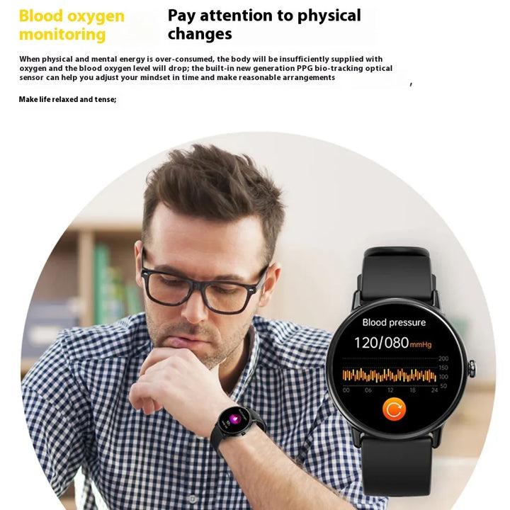 Man with glasses wearing smartwatch showing blood pressure reading 120/80 mmHg and blood oxygen monitoring