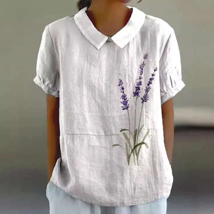 White linen short-sleeve blouse with Peter Pan collar and purple lavender floral print