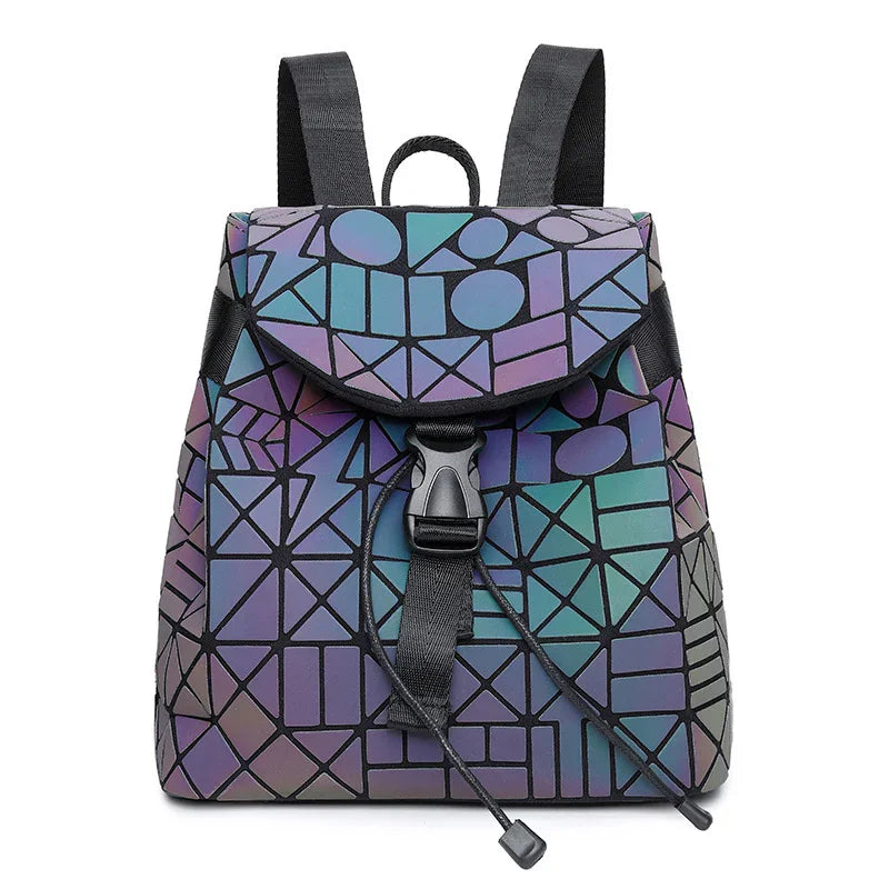 Geometric pattern backpack with blue, purple, and green reflective shapes and black straps